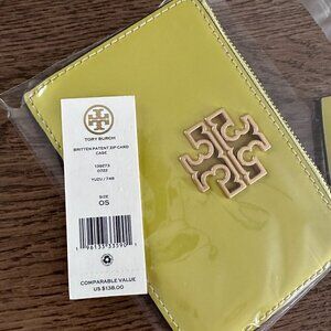 NWT! NEW! Tory Burch Britten Patent Top zip Card Case - Yellow Yuzu